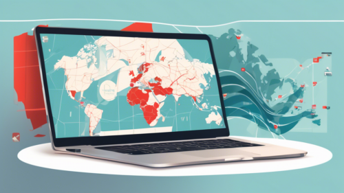Create an illustration featuring a laptop screen displaying Netflix with a map of the world in the background and a ExpressVPN logo prominently shown. Include elements that represent seamless streaming, like a play button and smooth waves connecting the map to the laptop.