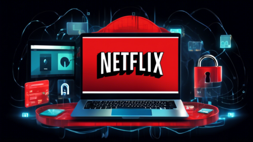 Create a digital illustration showing a laptop with the Netflix homepage on its screen, surrounded by a virtual padlock and a VPN symbol. The background should depict interconnected servers, representing VPN technology, with the Opera browser logo prominently featured. The scene should suggest the concept of unblocking content, with elements like shattered chains and an open lock to signify access.