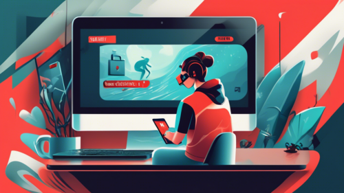 Create a detailed digital illustration featuring a person streaming Netflix on a laptop with the Surfshark VPN logo displayed prominently. The background should include iconic scenes from popular Netflix shows to emphasize the streaming experience, with subtle elements representing security and privacy, such as padlocks and shields.