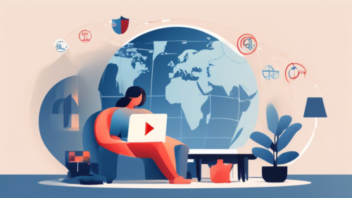 Create an image showing a person comfortably watching Netflix on a laptop in a cozy living room. A virtual shield with the NordVPN logo hovers around the laptop, symbolizing protection and access. In the background, a globe illustrates seamless internet connections across different countries.