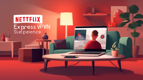 Create an image depicting a smooth, uninterrupted streaming experience on Netflix thanks to ExpressVPN. Show a cozy living room scene with a person relaxed on a couch, their laptop with the Netflix logo clearly visible on the screen. Highlight the ExpressVPN logo on the laptop, symbolizing the connection. Include elements such as a glowing Wi-Fi router, a globe to represent geographical freedom, and a padlock icon melting away to illustrate unblocking content. The overall mood should be comfortable and stress-free.