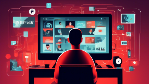 Create an illustration showing a person using a computer and VPN software to access US Netflix. The screen should display the US Netflix interface with popular American shows. Surround the person with icons of streaming and internet security, creating a clear visual link to the idea of unblocking content.