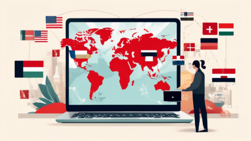 Create a detailed digital illustration showing a person using a VPN service on their laptop to unlock and access different Netflix regions, represented by country flags and popular Netflix shows from various countries emerging from the screen. The background should include subtle elements like a world map and padlocks being unlocked.