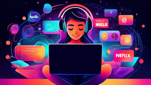 Create a detailed digital illustration of a person using a laptop with the website 'FlixUnblocker' open on the screen. The background shows various streaming service logos (like Netflix, Hulu, Disney+, etc.) interconnected with colorful, glowing lines, symbolizing enhanced streaming access. The person looks content and excited, with a cozy and tech-savvy environment surrounding them.