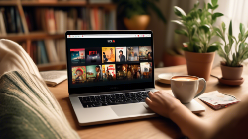 Create an image depicting a user utilizing the Hola Unblocker browser extension on their laptop to access Netflix. Display a Netflix interface on the laptop screen with popular movie and TV show thumbnails. Show a joyful expression on the user's face, seated comfortably in a cozy room with relaxed, ambient lighting. Include elements like a coffee cup, a stack of books, and a plant to set a casual home setting.