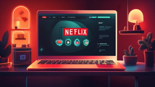 Create a digital illustration showcasing a laptop screen with the Netflix homepage open, but partially blocked by a virtual padlock symbol. Surrounding the laptop are icons representing various VPN services, each with a glowing unlock icon. The background features a modern living room setting with cozy lighting to emphasize a relaxed streaming atmosphere.