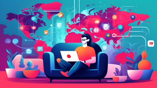 Create a vibrant and modern illustration depicting a person relaxing on a couch with a laptop, streaming Netflix. The scene is complemented by various digital elements representing VPNs (shield icons, world maps, secure connection symbols). The background features subtle hints of top VPN provider logos for 2023 integrated into a sleek, tech-savvy design.