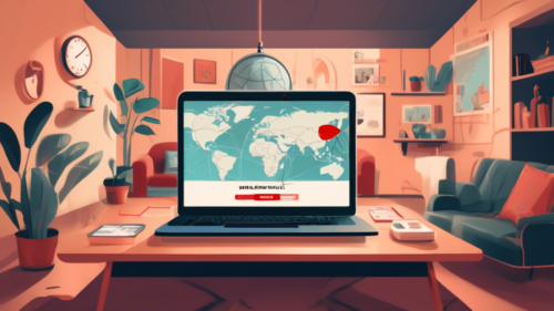 A digital illustration of a person using a laptop with a VPN application showing on the screen. The laptop screen displays the Netflix website with a variety of show thumbnails. Surrounding the laptop, visual elements like a padlock, geographical map markers, and a globe connected with network lines represent the concept of unblocking and bypassing regional restrictions. The background features a cozy living room setting to emphasize the home usage of this technology.