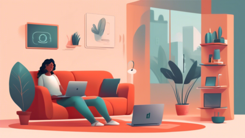 Create an image of a person sitting comfortably on a couch with a laptop, shown in a cozy living room. The laptop screen displays the Netflix homepage, and the person appears happy and relaxed. In the background, a subtle illustration of an unlocked padlock with a Wi-Fi signal emanating from it symbolizes unblocking. Include a few guides or steps subtly integrated into the image, like a checklist on a nearby table with items such as 'VPN', 'Smart DNS', and 'Proxy Server' for visual context.