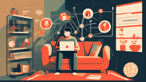 Create an image depicting a person cheerfully watching Netflix on a laptop in a cozy living room, with various streaming icons and network symbols around them. In the background, show a padlock breaking open to symbolize unblocking. Include a subtle hint of a globe to represent accessing content from different regions.