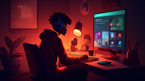 Create an image of a person sitting at a computer in a cozy, dimly-lit room, cleverly using alternative methods to access Netflix on a blocked computer. The screen should show a VPN connection, a browser with proxy settings, and creative tools like a USB drive or a smartphone hotspot. Include subtle icons representing security and Wi-Fi to highlight the workaround methods.
