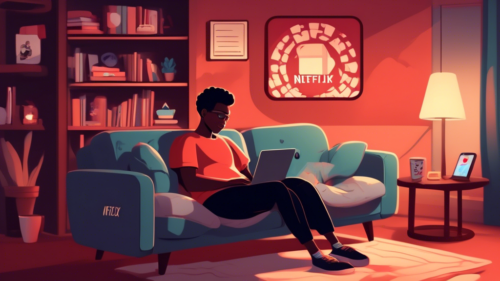 An illustration of a person sitting on a cozy couch with a laptop, a Netflix logo on the screen. The person is using a VPN app, indicated by a shield icon and globe on the laptop. The background is a living room with a bookshelf, popcorn, and dim lighting, suggesting a relaxed movie-watching atmosphere. The mood is informative yet relaxed, emphasizing the step-by-step guide to unblocking movies.