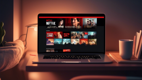 Create an image that illustrates unblocking Netflix without using a VPN. Show a person happily watching Netflix on their laptop, with their screen displaying a wide array of international content. Include elements like a DNS service or Smart DNS in the background to hint at the method used for unblocking. Use soft lighting and a cozy home setting to convey a comfortable and relaxed atmosphere.