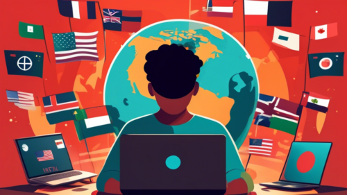 Create an image depicting a person excitedly watching Netflix on their laptop, surrounded by globes and flags of different countries. The scene should illustrate the concept of accessing global content from various parts of the world. Include elements like a virtual private network (VPN) icon and an open browser tab showing a Netflix unblock website interface. The setting should be cozy, perhaps a living room or a bedroom, with dim lighting emphasizing the laptop screen.