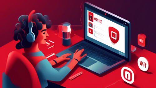 Create a detailed illustration showing a person successfully watching Netflix on their laptop while connected to a WiFi network. The scene should depict elements such as a locked WiFi icon with a red 'blocked' sign, a VPN connection symbol, and a pleased expression on the person's face as they stream content. Include visual cues like a step-by-step guidebook or instructional screen open next to the laptop to emphasize the troubleshooting process.