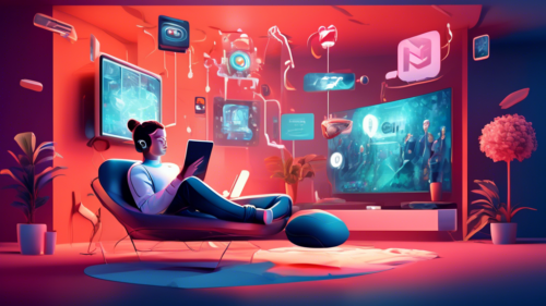 Create an imaginative and futuristic illustration that depicts a person watching Netflix on a high-tech screen, surrounded by digital elements representing seamless streaming. The scene is set in a modern living room with a cozy and inviting atmosphere. Include artistic representations of fast internet symbols and abstract elements suggesting the concept of unblocking content. The person is relaxed and happy, enjoying their favorite show with no interruptions.