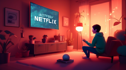 A digital illustration of a person sitting in a cozy living room, excitedly watching Netflix on a large smart TV. The scene should incorporate visual metaphors for bypassing restrictions, such as streams of digital locks being unlocked by glowing keys made of pixels, or a globe with a path wrapping around it showing unblocked access. The background should have subtle hints of global connectivity, like maps or network wires, to symbolize unrestricted access. The room should feel modern and inviting, with soft lighting to emphasize the warm and welcoming atmosphere.