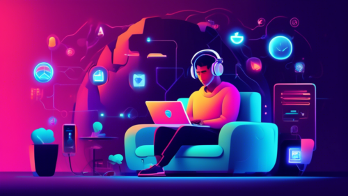 Create an illustration of a person comfortably sitting on a couch with a laptop and headphones, surrounded by a softly glowing security shield and digital lock symbols. The laptop screen should show a generic streaming interface resembling Netflix, with videos ready for download. The background should subtly depict the globe, symbolizing worldwide access, and include a few streaming icons. The scene should convey a sense of safety, privacy, and digital access from anywhere in the world.