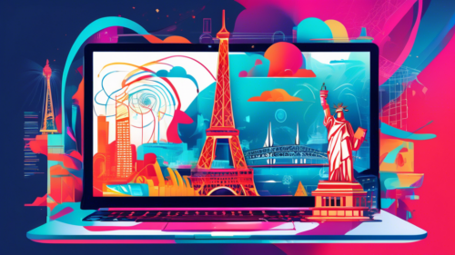 Create an imaginative digital illustration showcasing various landmarks from around the world, like the Eiffel Tower, Statue of Liberty, and Sydney Opera House, connected by vibrant digital lines. In the foreground, include a laptop displaying the Netflix logo, symbolizing unrestricted access to global movie content. Infuse the composition with a sense of seamless connectivity and global reach, using a vivid, colorful style.