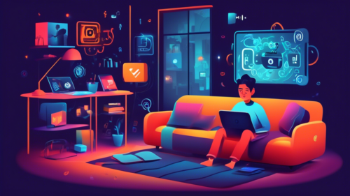 Create an illustration of a person sitting on a cozy couch with a laptop, surrounded by streaming symbols like the Netflix logo and Wi-Fi signals. The setting should be a modern living room, filled with comfortable cushions and warm lighting. The person on the couch should appear focused and relaxed, symbolizing the theme of troubleshooting or unlocking, with digital gears or key icons subtly floating around to imply the process of unlocking a Netflix account.