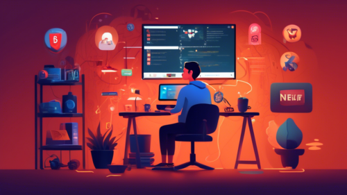Create an image of a person sitting at a computer in a cozy room, surrounded by warm lighting. On the computer screen, there's an illustration of the Netflix logo with a padlock icon being unlocked. Next to the computer, there are various items like a VPN device, a globe symbolizing different countries, and a list titled Step-by-Step Guide with bullet points. The scene should feel inviting and informative, visually representing the process of accessing Netflix through unblocking techniques.