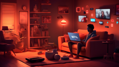 Create an image of a digital scene depicting a person in a cozy living room setting, surrounded by various devices like a laptop, tablet, and smartphone, all displaying the Netflix logo. The room is filled with a warm, ambient light and shows subtle tech-related items like VPN icons fading into the background, symbolizing bypassing regional restrictions. The overall mood should convey accessibility and ease of streaming across multiple platforms.